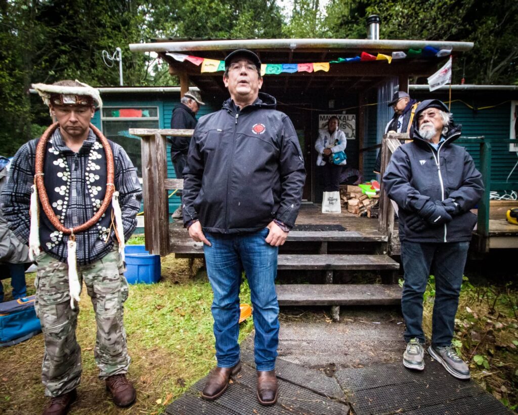 Swanson Island Occupation gathering, 2017, showing Ernest Alfred, Bob Chamberlain, and David Suzuki advocating for wild salmon.
